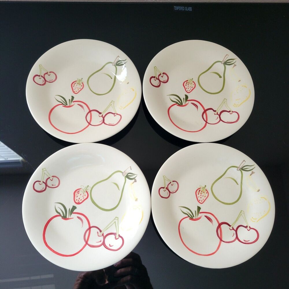 Vtg Whole Home‎ Hand Painted Salad Dessert Plates Fashion Fruit Art Deco Set 4